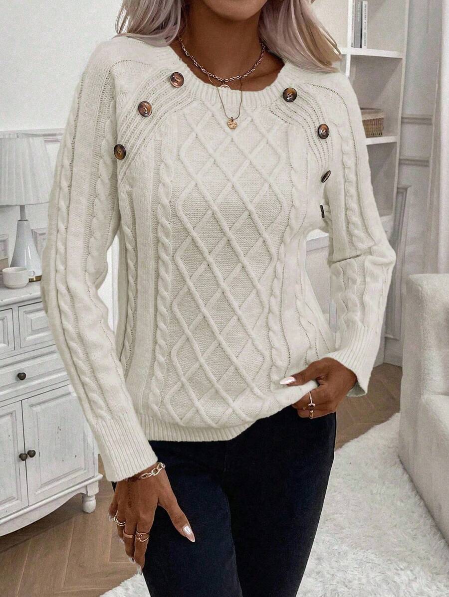 Clara – Button-Detail Cable Knit Sweater