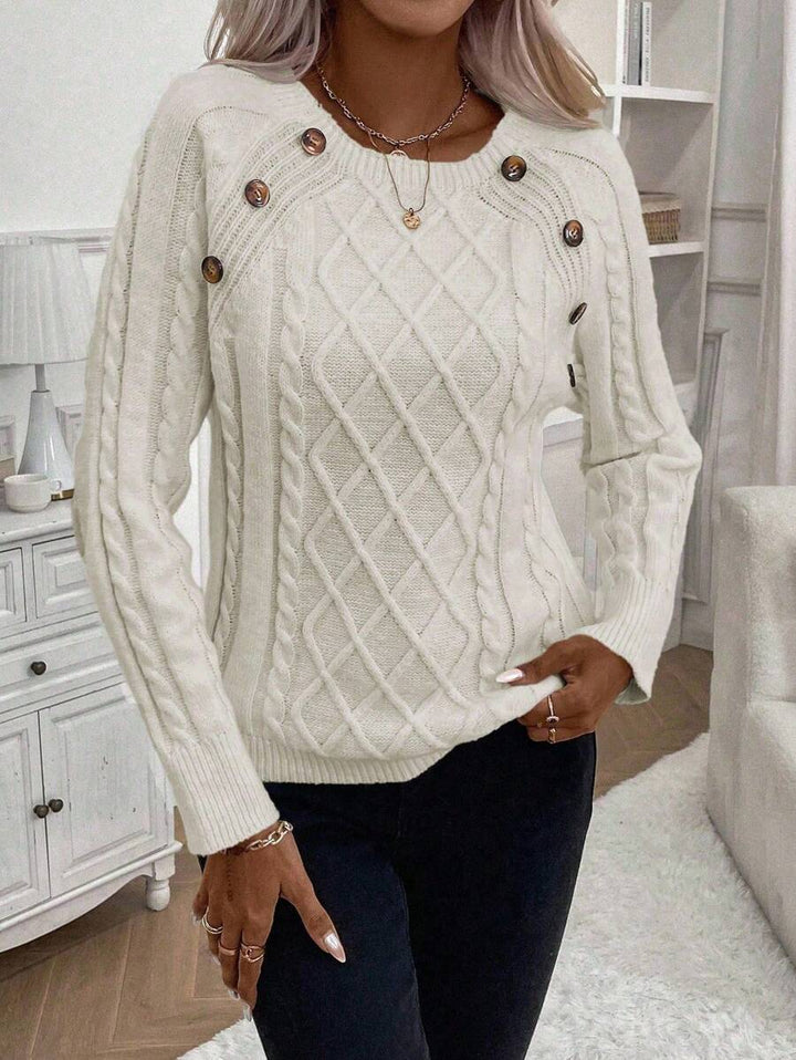 Clara – Button-Detail Cable Knit Sweater