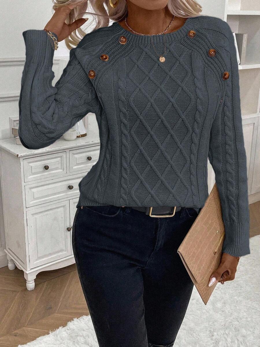 Clara – Button-Detail Cable Knit Sweater